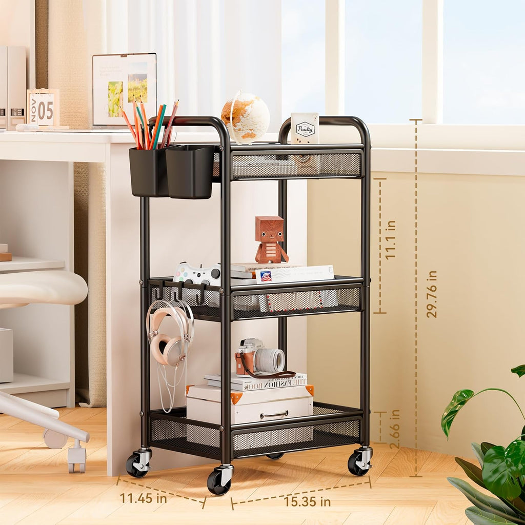 YASONIC 3-Tier Rolling Cart - Metal Utility Storage with Wheels & Hooks | Black Craft Organizer