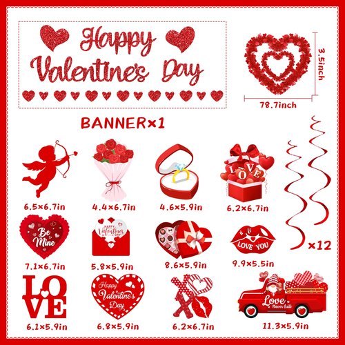 Valentines Day Decorations, Valentine Day Party Supplies includes Happy Valentine‘s Banner Red Heart Pendant Heart Chocolate Hanging Swirls, Love Decorations for Home Office Wedding Anniversary
