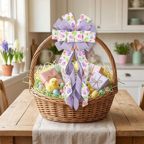 Estivaux Large Easter Wreath Bow - Purple & White Burlap Spring Floral Decor for Doors & Windows