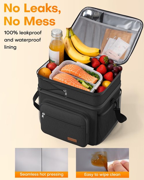 HOTOR Lunch Box for Men & Women - Double-Layer Insulated Lunch Bag with Leakproof Liner, Portable Cooler for Work, Travel, or Picnic, Black, 13.4" x 11.8" x 10.6"