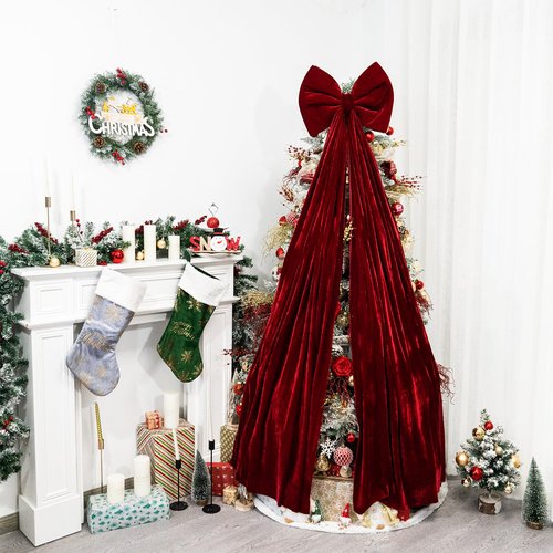 Hismir Christmas Tree Topper Bow，67x16 Inch Velvet Extra Large Room Decor Ribbon Bow for Wedding Engagement Birthday Party，Giant Xmas Bow Decorations for Home Wreath Door Wall(Burgundy)