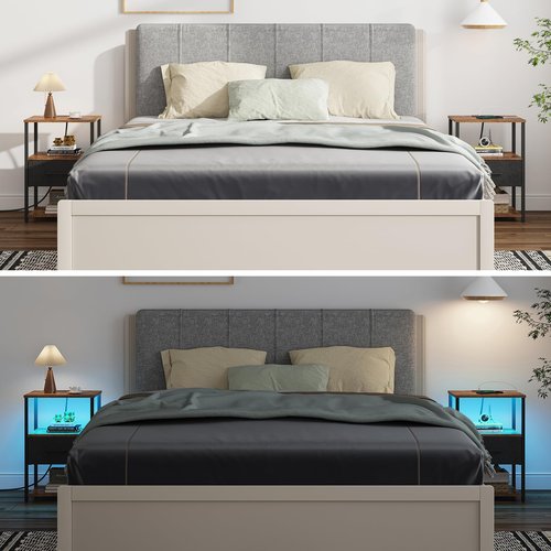 TUTOTAK LED Nightstand Set of 2, Night Stand with Charging Station, End Table, Bedside Table with Fabric Drawer, Side Table for Livingroom and Bedroom, Brown TB01BB0692L