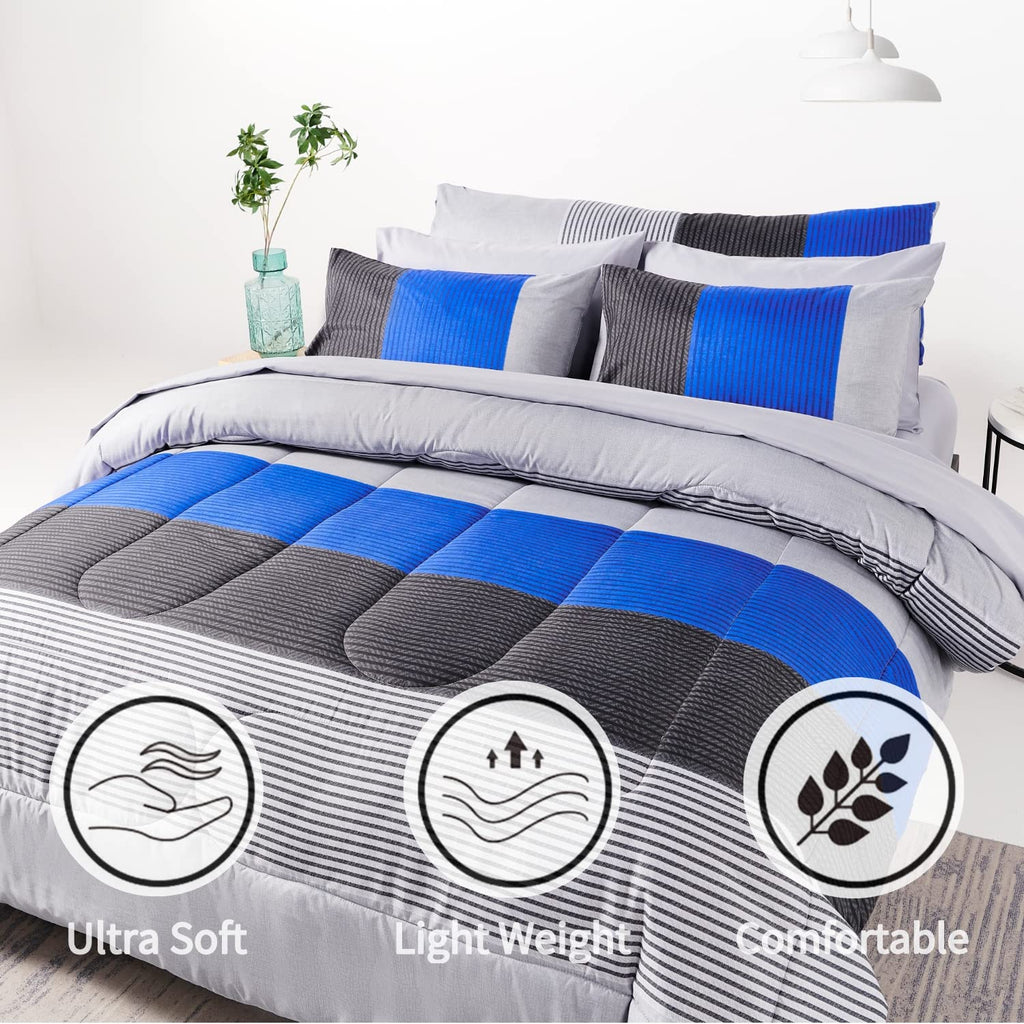 RYNGHIPY 8Pcs Blue and Grey Stripe Comforter Set Full Size, Ultra Soft Microfiber Filling Patchwork Comforter Duvet, Bed Sheets and Pillowcases (Full,Blue Grey)