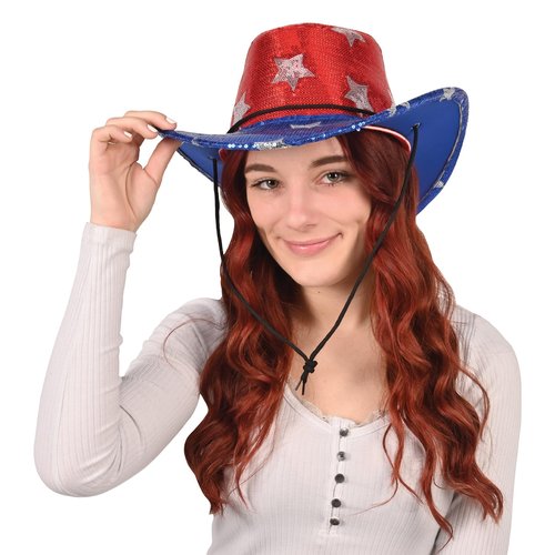 Beistle Fabric Sequined Patriotic Cowboy Hat, Chin Strap for 4th of July Party, Labor Day Celebration, Red White and Blue for USA Events