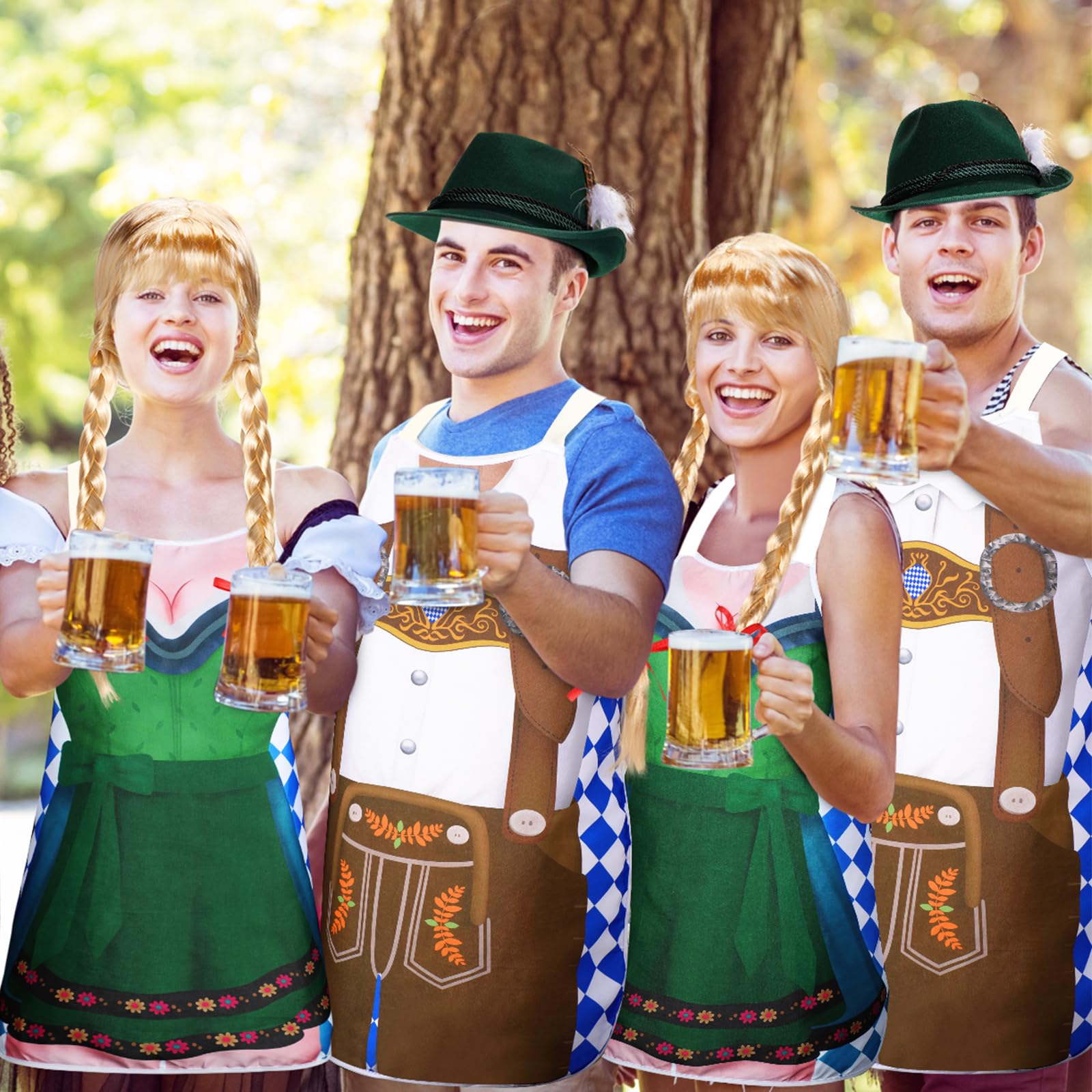 Langyiwee 4 Pcs Oktoberfest Costume Couple Cooking Aprons German Hats Blond Wig Oktoberfest Dress(Green, Brown,Classic)