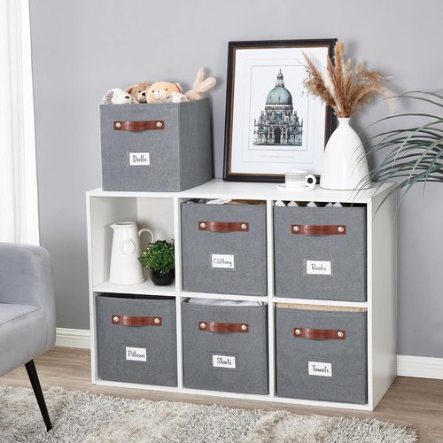 DECOMOMO Storage Bins - Cube Storage Bins with Labels, Fabric Design for Shelves | 11" | 6-Pack, Texture Grey