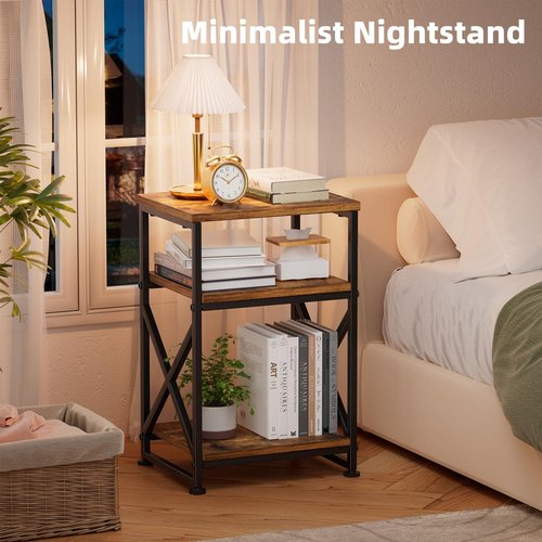 Simple Trending Side Table, End Table Living Room, Bedside Table for Sofa Couch, Nightstand with 3 Tiers Open Shelves, Rustic Brown