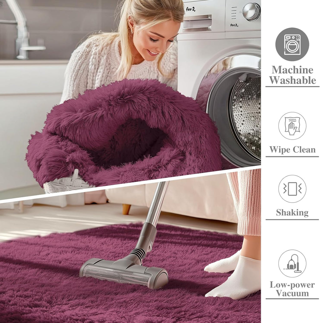 OLANLY Soft Fluffy Shaggy Bedside Rug - Machine Washable 2x3 ft | Burgundy Indoor Carpet for Kids & Nursery Decor