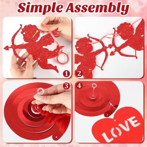 52Pcs Happy Valentines Day Decorations Valentine's Day Banner Glitter Valentine Hanging Swirls Ceiling Foil Decor Red Hearts Cutouts for Happy Valentine's Day Party Wedding Anniversary Theme Supplies