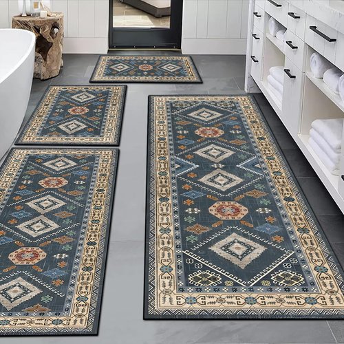 SIPIHA Boho Kitchen Rugs Sets 4 Piece with Runner Floral Kitchen Floor Mat Carpet Farmhouse Kitchen Rugs and Mats Non Skid Washable Runner Rug for Kitchen Floor Sink