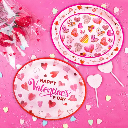 ceiba tree Valentines Day Oval Paper Plates 30Pcs Pink Red Heart Oval Paper Plates Disposable Tableware Dinnerware Set Happy Valentine's Day Party Supplies