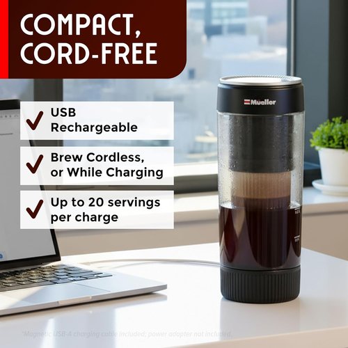 Mueller RapidBrew Cold Brew Iced Coffee Maker - Fast 10-Minute Brewing | Portable & Rechargeable - Adjustable Strength, 20 Servings, Black