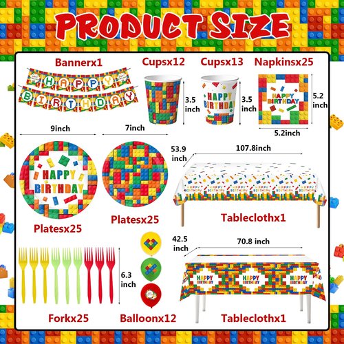 Building Block Party Plates Building Block Birthday Party Supplies Decorations Serve 25 including Disposable Paper Plates Napkins, Cups, Forks, Tablecloth, Happy Birthday Banner, and Balloons