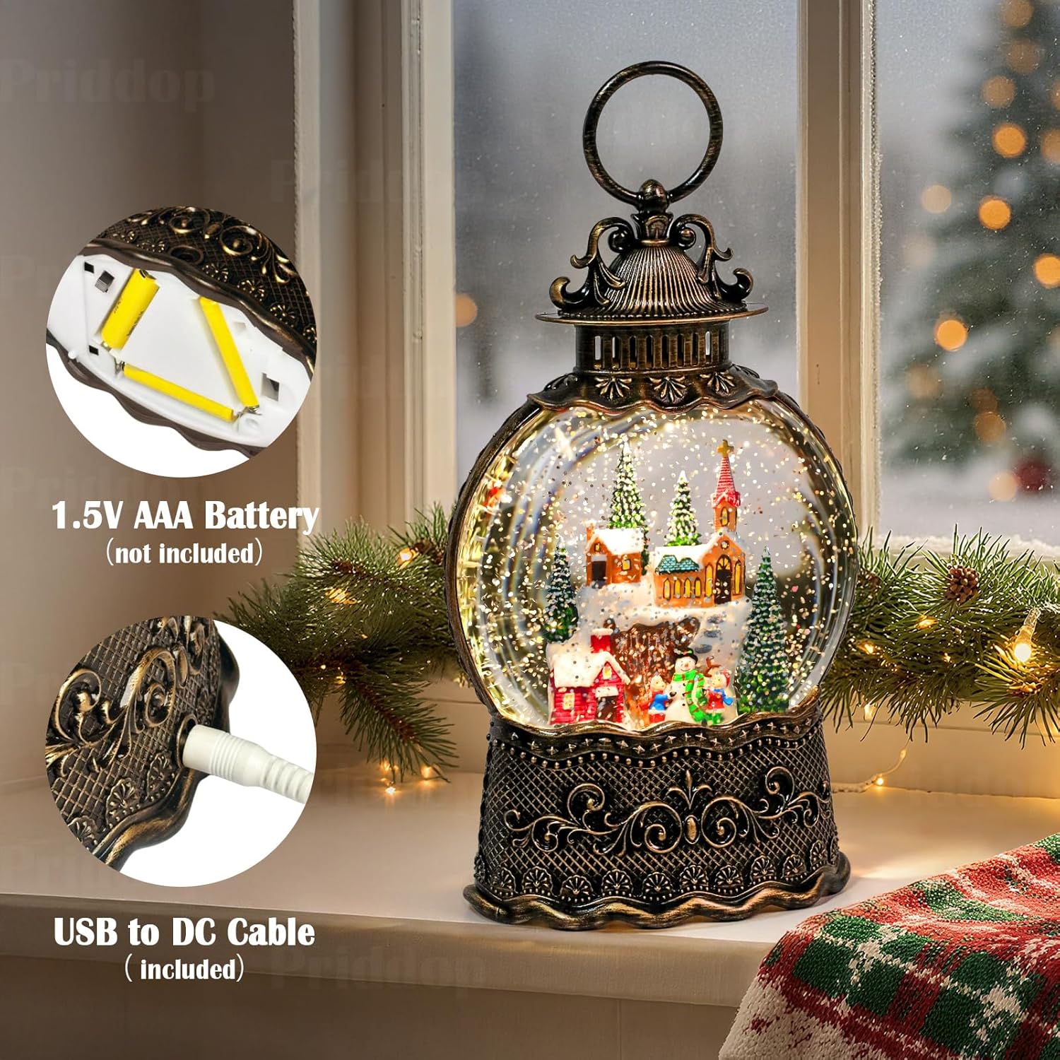 Priddop Village Snow Globe | Musical Christmas Decoration with Snowman Scene - 10.6 Inch