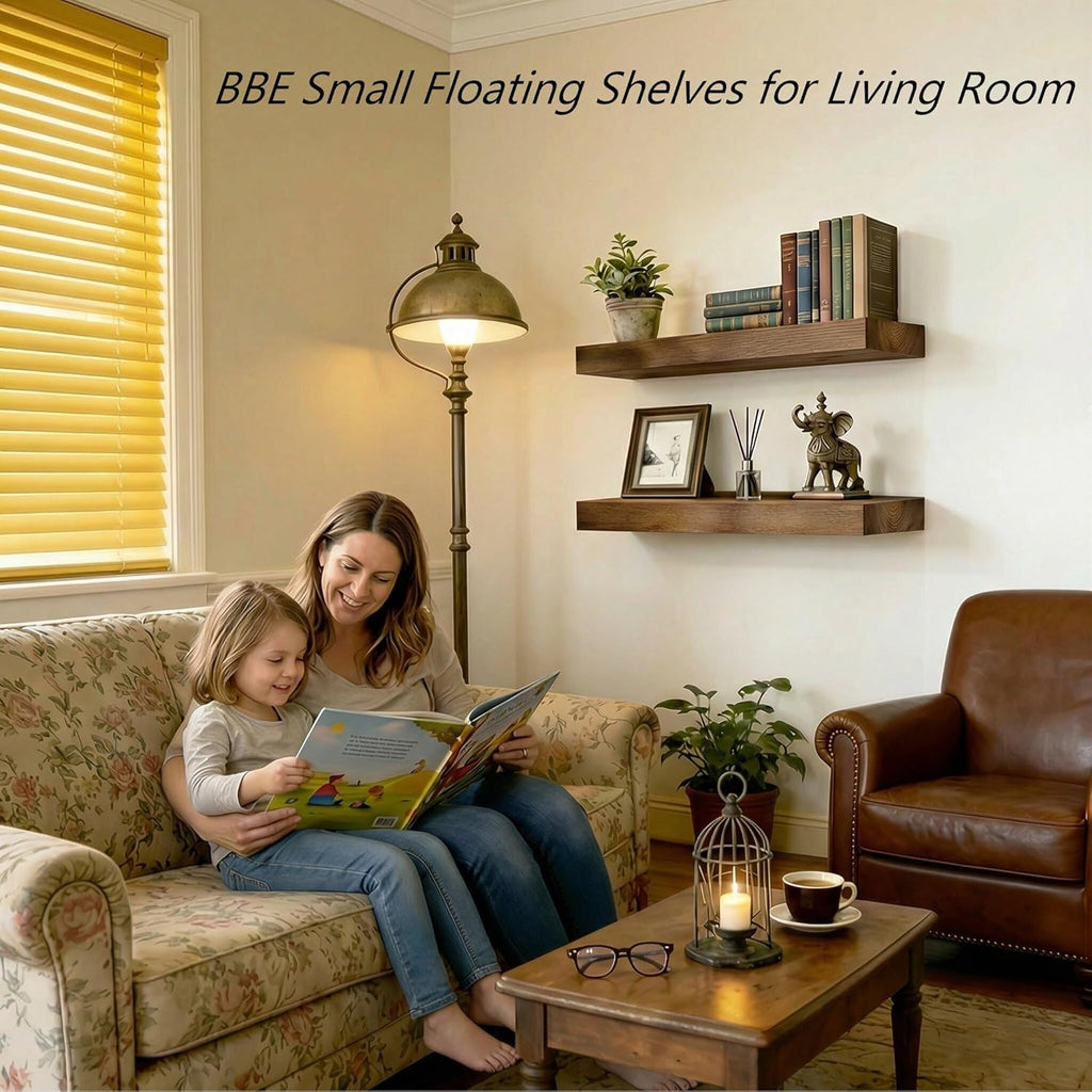 BBE Floating Shelves - Rustic Walnut Wall-Mounted Storage | 16 Inch Set of 2 for Bathroom, Living Room, Kitchen