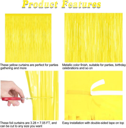 Backdrop Curtains by [Brand Name] - 2 Pack Yellow Tinsel Foil Fringe | 3.28 FT x 7.05 FT Party Decorations