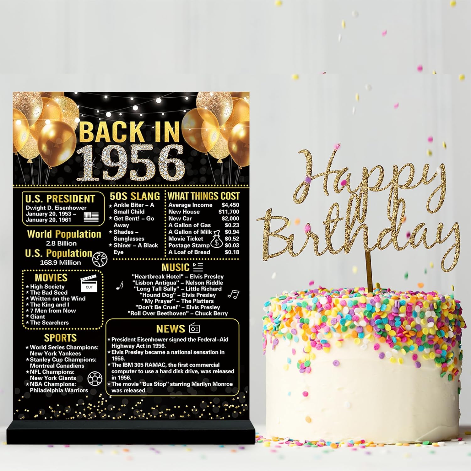 Trgowaul 70th Birthday Decorations - Vintage 1956 Acrylic Table Sign with Stand | Black Gold Theme