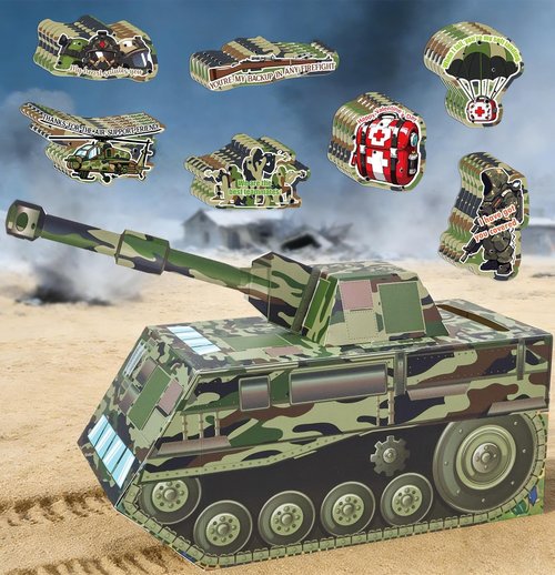 HEIPINIUYE Valentines Cards for Kids 3D Camo Tank Valentines Day Box for Kids Classroom School Gift Exchange Camouflage Army Party Supplies Valentine Mailbox with 35 Military Valentine Cards