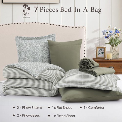 BLOOMHAVEN Queen Comforter Set - 7 Pieces Green Bedding Sets for All Seasons, Lightweight Soft Bed in a Bag Queen with Revesible Farmhouse Comforter, Sheets, Pillowcases & Shams
