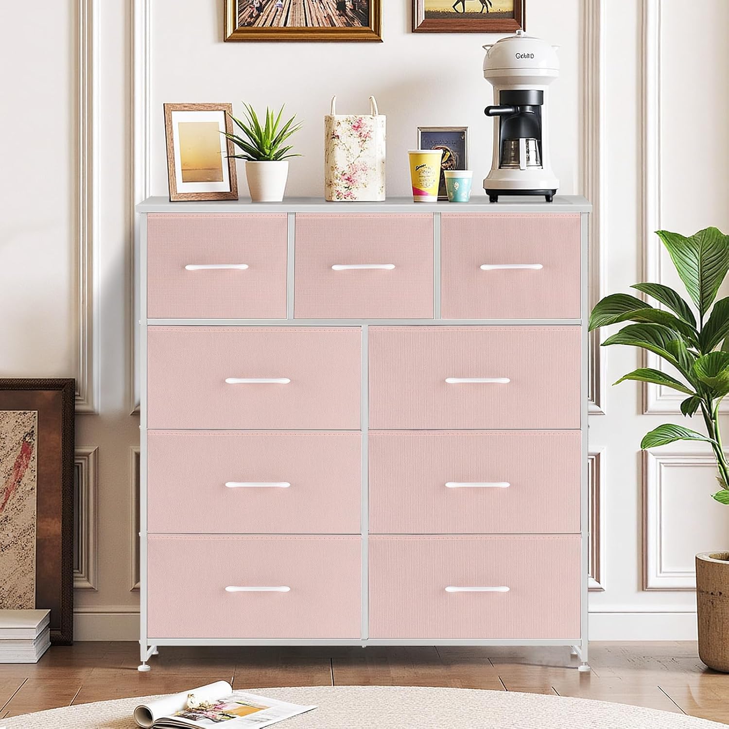 Regine Switzerland 9-Drawer Dresser - Anti-Tip Tall Storage Organizer with Wooden Top & Metal Frame - Pink