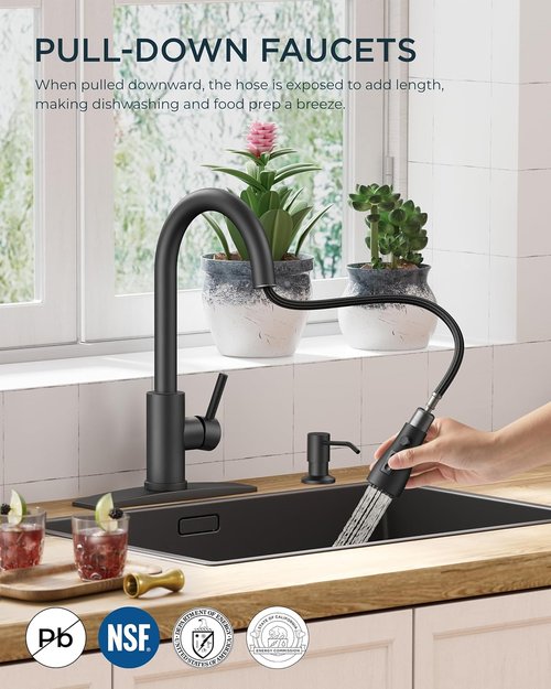 FORIOUS Black Kitchen Faucet - Classic High Arc Design with Soap Dispenser & Pull Down Sprayer | Stainless Steel