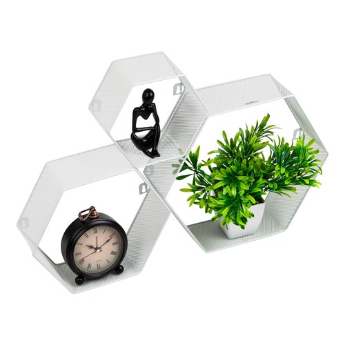 Mind Reader Hexagon Floating Shelves, Wall Decor, Honeycomb Accent Shelf, Office, Metal Mesh, 14" L x 4" W x 12" H, Set of 3, White