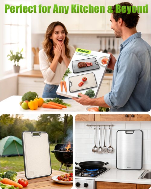 Washour Titanium Cutting Boards for Kitchen, Non Toxic 2-in-1 Cutting Board Double Sided, Food Grade Chopping Boards Set for Fresh Meat Vegetable, Easy to Clean Large Size (18”+16”)