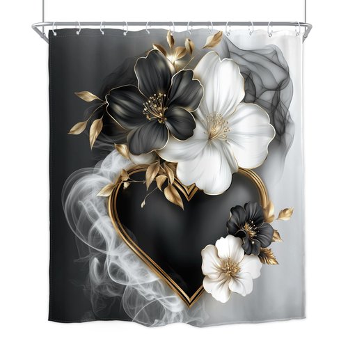 Homewelle Black White Gold Floral Shower Curtain Golden Flower Leaves Modern Luxury Contemporary 60Wx72H Inch Artistic Aesthetic for Women Girls Waterproof Polyester Fabric Bathroom Bathtub