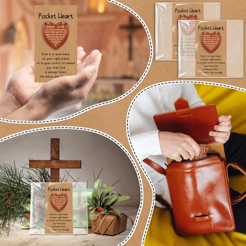 Leinuosen 50 Set Christian Gifts John 3: 16 Pocket Hug Heart Token Wooden Bible Verses Token with Prayer Cards for Church Supplies Sunday School (Dark Brown)