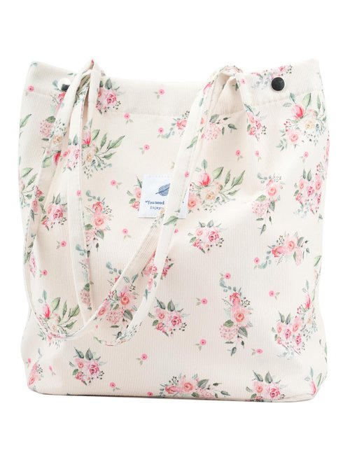 Corduroy Tote Bag Cute Tote Bags for Women Shoulder Bag with Inner Pocket for Work Beach Travel and Shopping Grocery (Peony)