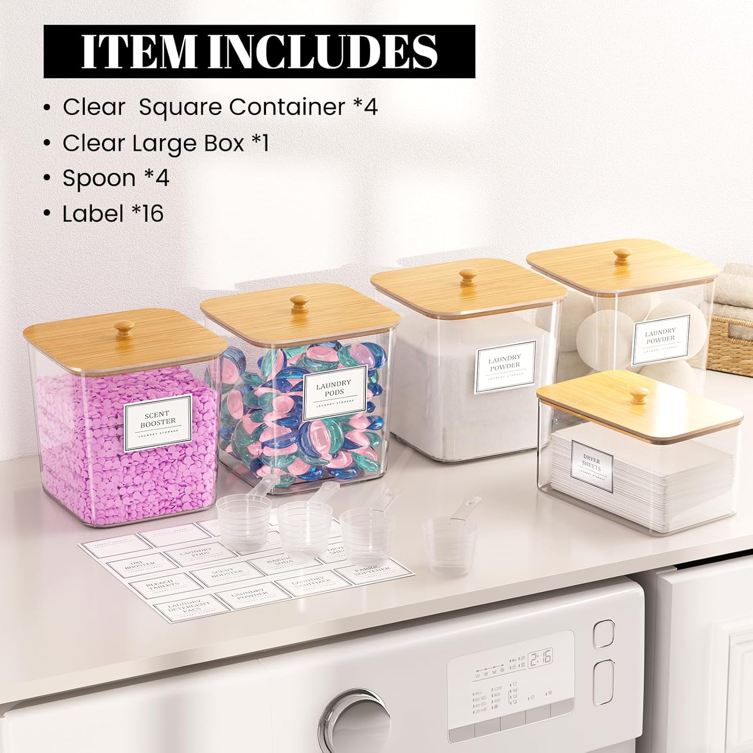 Skiennix Laundry Organization Containers - Clear Storage for Detergent & Pods | Large with Wooden Lids & Labels