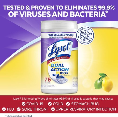 Lysol Dual Action Disinfectant Wipes - Multi-Surface Antibacterial Cleaning Wipes, Citrus Scent, 75 Count