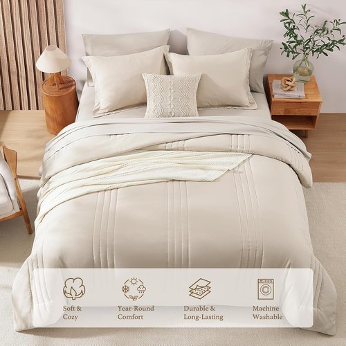 Monbix Queen Comforter Set - 7-Piece Beige Bedding Set | All-Season Comforter with Sheets & Pillowcases