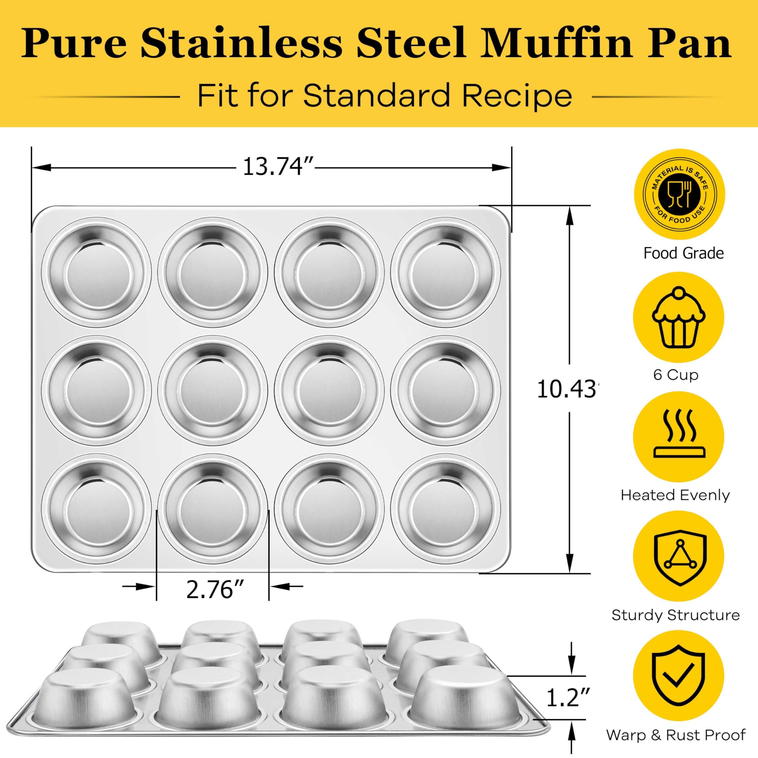 Homikit 2 Pack Muffin Pan, Stainless Steel Cupcake Tin with 12 Cups Regular Size, 13.8" x 10.4" Nonstick Metal Egg Bites Tray for Oven Baking, Non Toxic & Rust Free, Easy Release & Dishwasher Safe