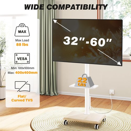 5Rcom Rolling TV Stand with Power Outlet for 32-60 inch TVs, Swivel and Height Adjustable Mobile TV Stand with Shelf, Strong TV Cart on Wheels up to 88 lbs for Living Room, Bedroom and Office, White