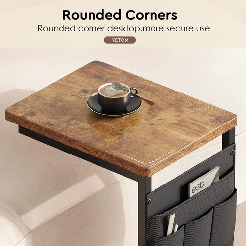 YeTom Side Table,C Table with 2-Tier Storage Shelf, End Table with a Storage Bag, Sofa Table with Wheels for Living Room, Bedroom, Office, Bathroom, Rustic Brown