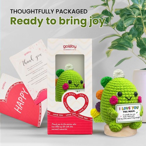 Gossby Valentines Day Gift for Wife Husband Boyfriend Girlfriend - Handmade Positive Dinosaur Crochet - Romantic Anniversary, Christmas, Birthday Couple Gift for Him Her - I Love You This Much
