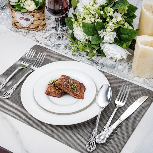 Joyido 300Pieces Silver Plastic Silverware - Heavy Duty Silver Disposable Utensils - Vintage Plastic Cutlery Set Includes 100 Forks, 100 Spoons, 100 Knives for Dinner Parties Weddings
