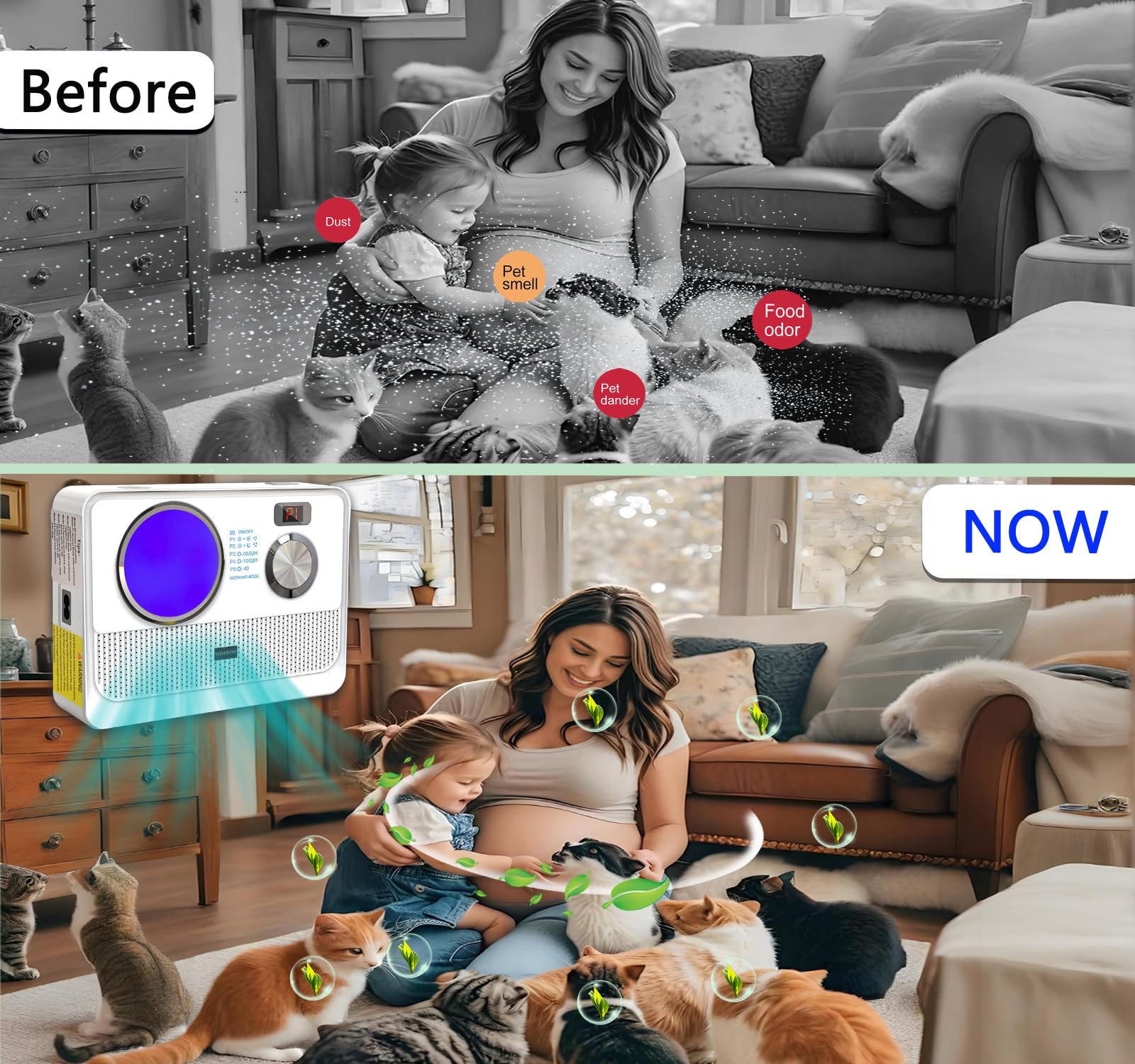 Vedawind 3-in-1 Ionic Air Purifier, Cat Litter Deodorizer, Air Freshener for Home with Ozone Generator, Ionizer, U Light – Reduce Pets Poof Odor, Litter Smell, Smoke, Dust,Plug-in to Use