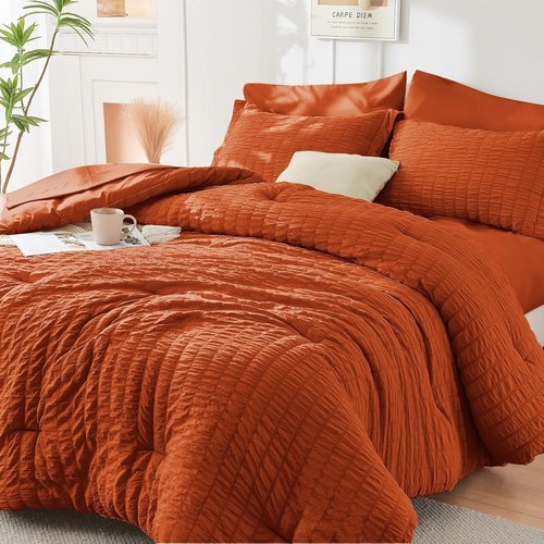 HYMOKEGE California King Comforter Set - Luxurious Burnt Orange Seersucker, 7-Piece All-Season Bedding Set