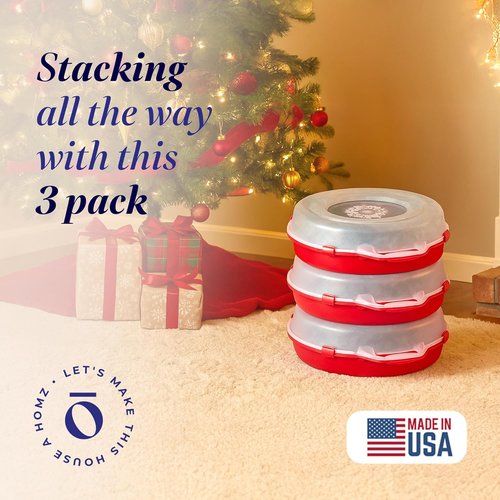 HOMZ 3-Pack Wreath Storage Containers - 24 Inch Clear Plastic Bins with Lids & Handles for Holiday Decor