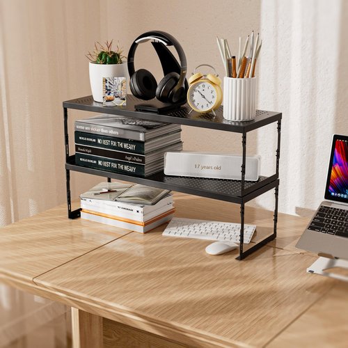 Asiingkel Stackable Expandable Metal Shelf Organizer - Adjustable Wire Storage Rack with Holes for Kitchen, Bathroom, Cabinet, Office - Space Saving, Durable & Sturdy Design（3PACKS/Medium/Black