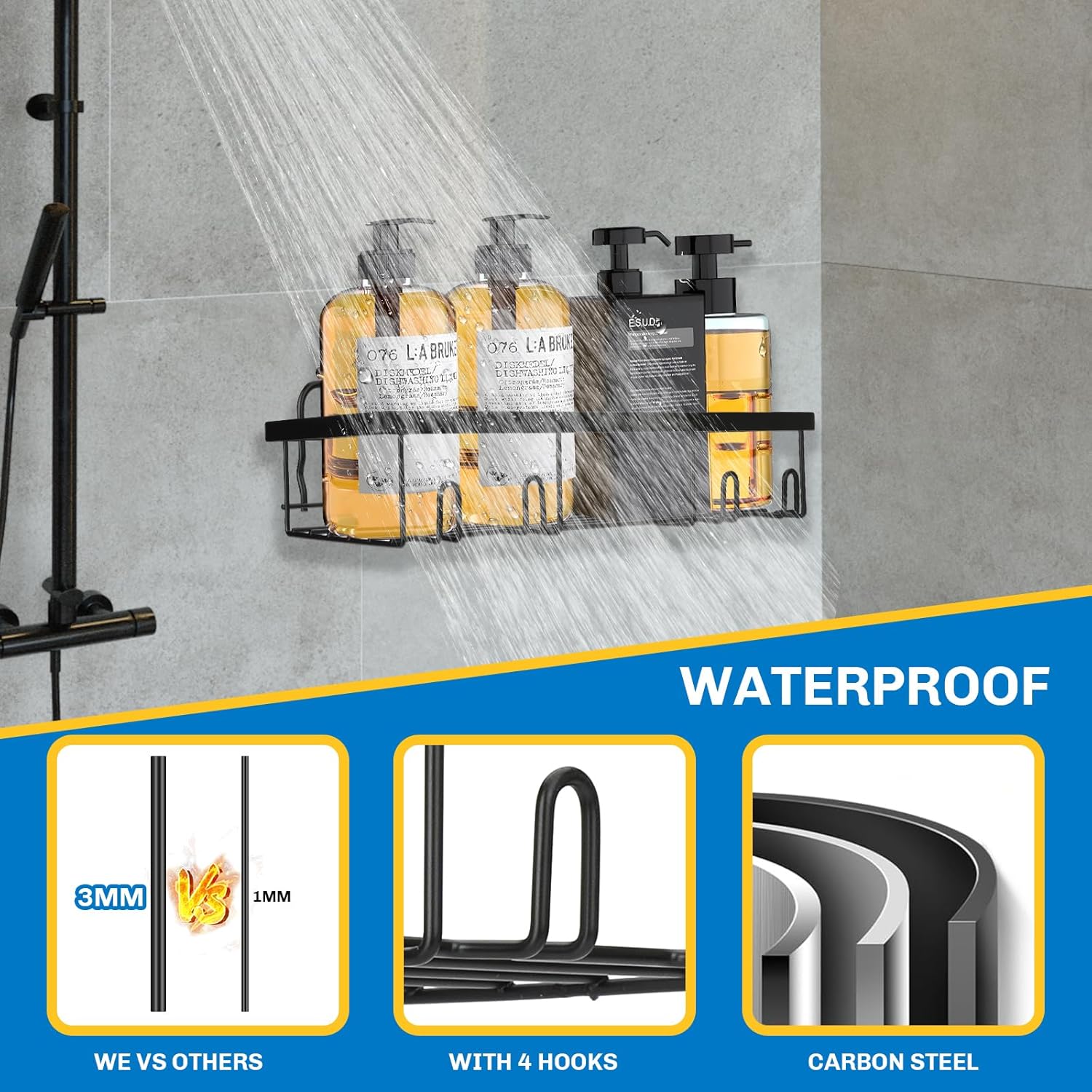 Skiennix Shower Caddy - 5 Pack Adhesive Organizer for Bathroom & Kitchen | No Drilling, Rustproof Stainless Steel