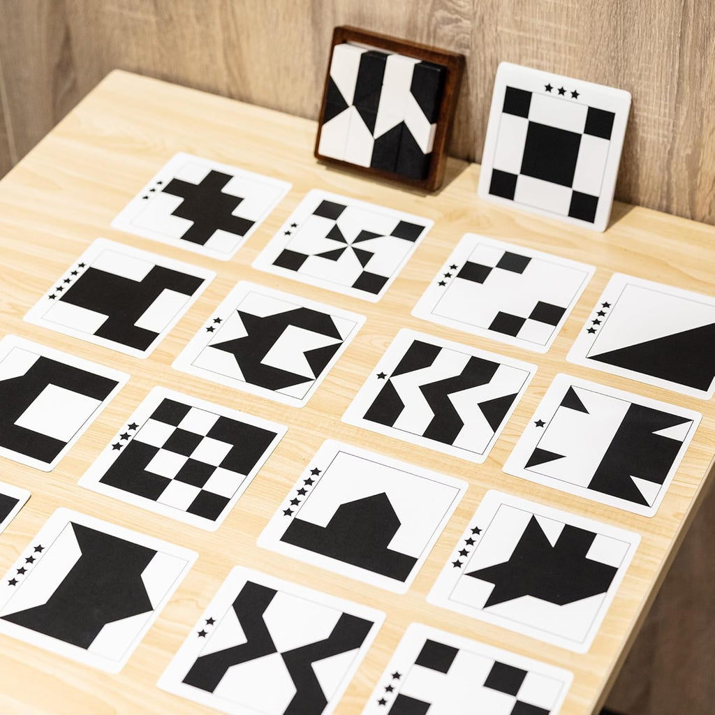 Wooden Hidden Blocks Puzzle Game - 80 Brain Challenges with Solid Wood Box | Deluxe Black & White Pieces