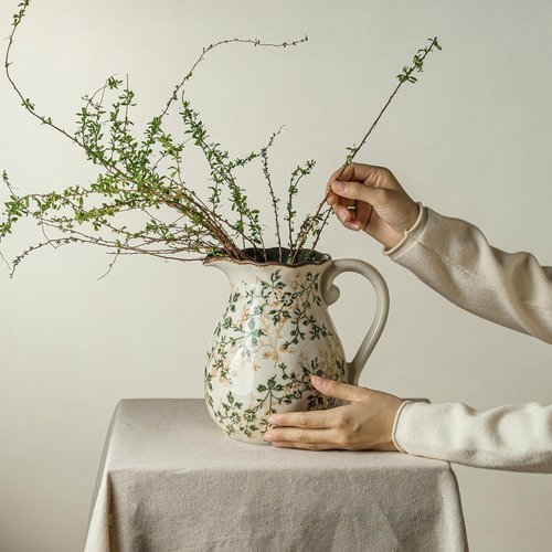Green and White Vintage Vase with Handle, Chinoiserie Floral Pitcher Vase, Rustic Ceramic Farmhouse Vases for Home Decor, Living Room, Bookshelf, Office, Grand Millennial Decors, Tuscan Decor 7.9 Inch