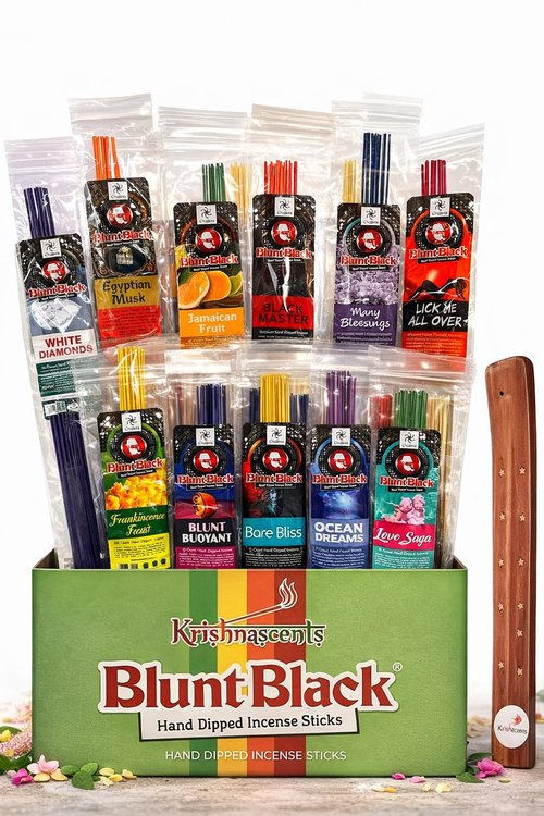 Krishnascents Blunt Black Hand-Dipped Incense Sticks | Premium 144 Packs - 12 Variety Scents, 11" Long | Aromatherapy with Long Burn Time (12 Pack, 144 Total Sticks) I Free Wooden Stick Holder