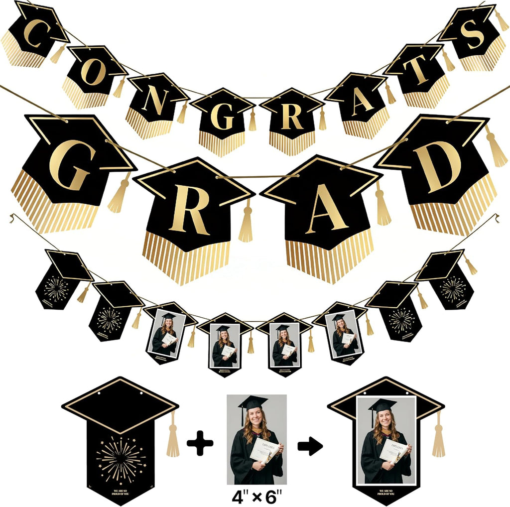 PartyWoo Graduation Decorations - Class of 2026 Black & Gold Banner Set for High School & College Celebrations