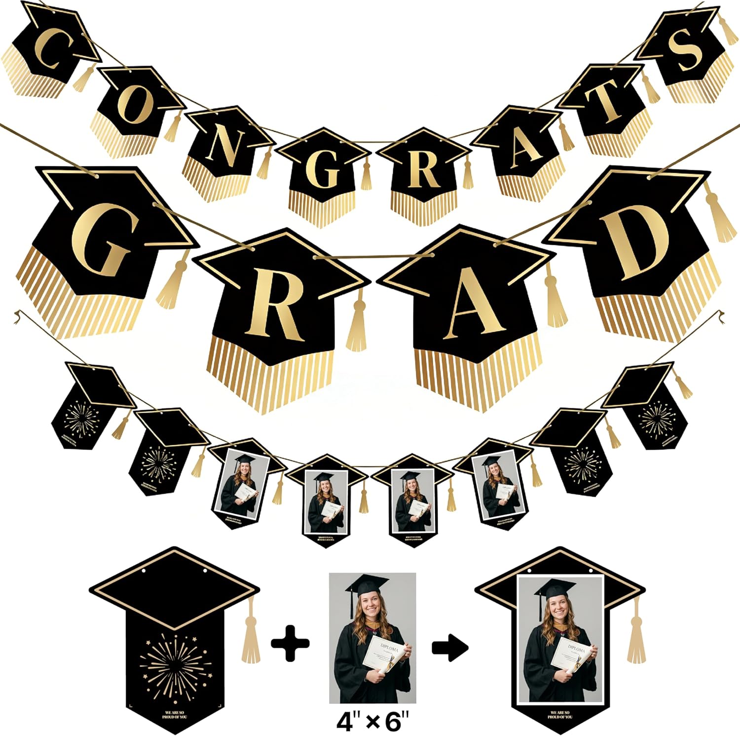PartyWoo Graduation Decorations - Class of 2026 Black & Gold Banner Set for High School & College Celebrations