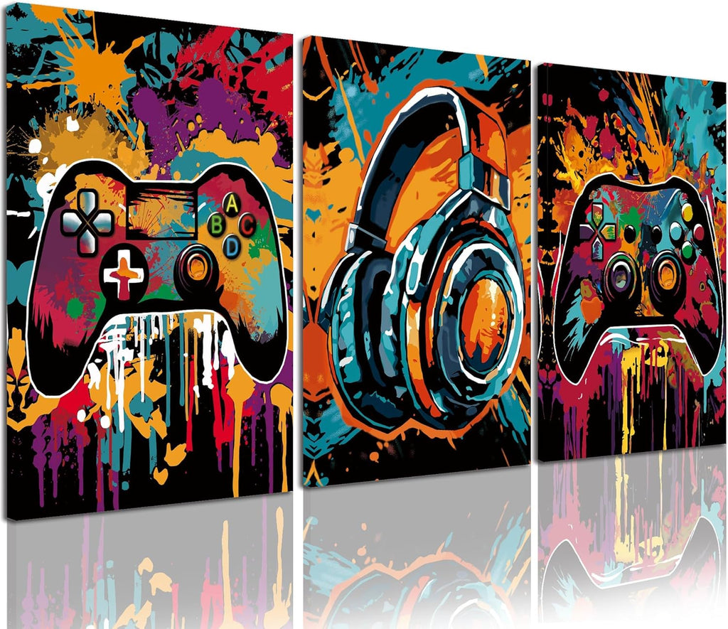 PHOPAGO Gaming Wall Art - Cool Watercolor Graffiti Gamepad Prints | 12x16in, Set of 3 for Teen Boys