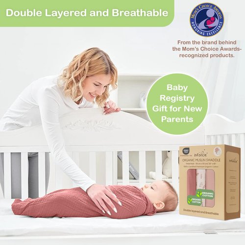 infancie 100% Organic Cotton Muslin Baby Blanket 3 Pack - Breathable Swaddle, Hypoallergenic Double-Layer, Versatile Use (Pink, Floral, Rust, 38x40 Inch)